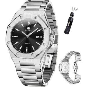 Olevs Men's Silver black Stain Steel Man Watch with Date Luminous Stylish Watch